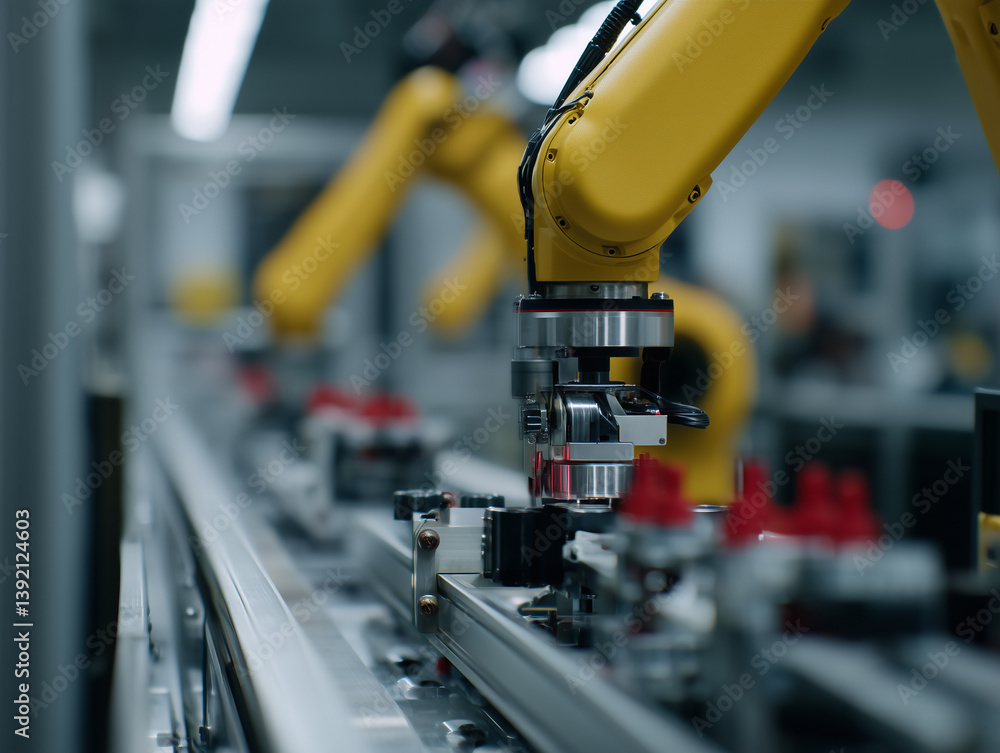 Poster Robotic arms in factory setting work on assembly line, showcasing automation and precision