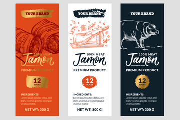 Set of jamon package label design. Vector hand drawn sketch illustration. Ham stickers template