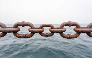 Fototapeta premium Rusty Chain Links Against Blurred Ocean