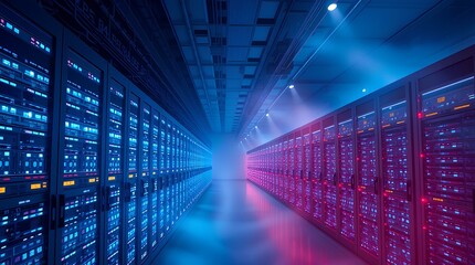 Obraz premium Data Center Corridor: Blue and Red Server Racks with Illuminated LEDs in Atmospheric Mist-Filled Environment