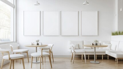 Modern cafe interior with blank frames, perfect for mockup