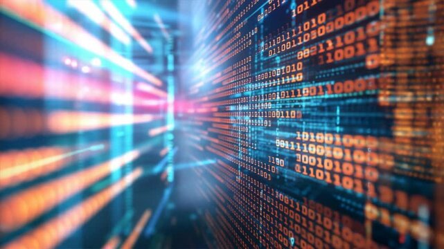 A dynamic representation of digital data streams, showcasing vibrant colors and fast-moving binary code.