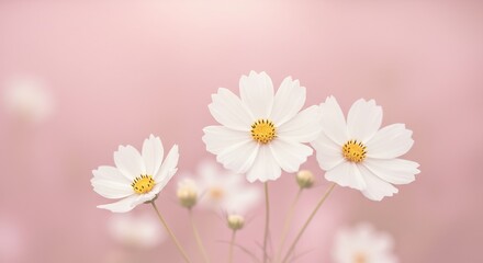 Soft pink background highlights delicate white flowers in a gentle close-up. AI Generated