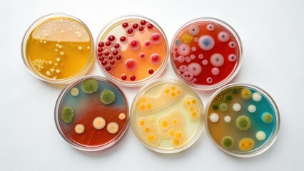 Fototapeta premium Petri dishes filled with colorful microbial cultures.