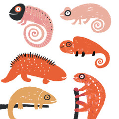 Colorful Chameleon Vector Set | Stylized Reptile Clipart Collection | Jungle Lizards on Branches and Isolated Silhouettes for Wildlife & Nature Design.