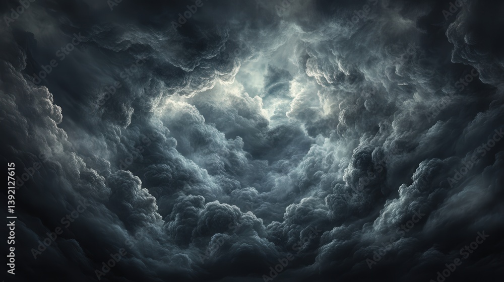 Poster a dramatic sky filled with dark, swirling clouds, creating an intense and moody atmosphere with hint