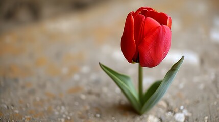 A sandy beige background with a single vibrant red tulip in the corner. HD 8K mockup wallpaper Photographic Image