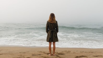 Woman on beach watching ocean waves on foggy day