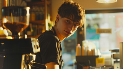 This teen works hard at a coffee shop, embodying independence and youthful energy.