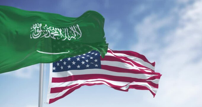 Saudi Arabian and American flags waving together in sky, 3D render