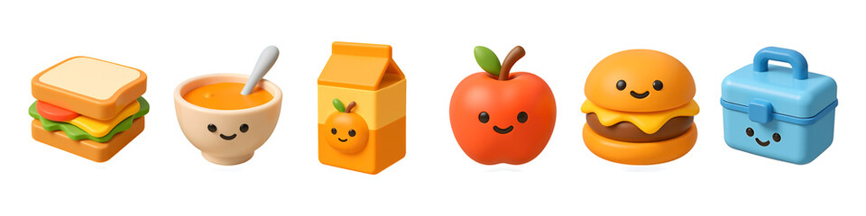Colorful Food Lineup: An array of animated food items, including a sandwich, soup, juice box, apple, burger, and lunchbox, displayed in a row, all sporting friendly, cartoonish expressions. 