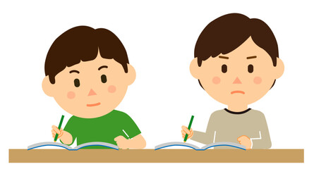 集中している勉強中の子供2人