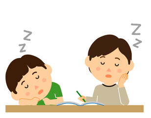 勉強中の子供2人が居眠りをしている