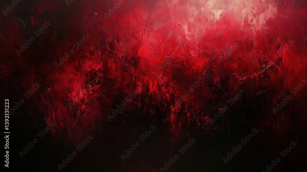 Poster a vibrant abstract painting featuring deep red hues blending into darker shades, creating a dramatic