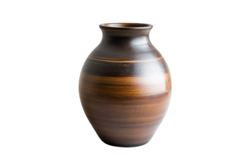 Elegant dark brown ceramic vase simple design isolated white background studio shot smooth texture isolated on transparent background