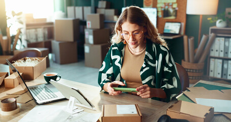 Barcode, logistics and phone with woman scanning box in office for delivery or shipment tracking....