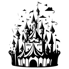Fantastical stylized castle with fluttering flags and whimsical design elements