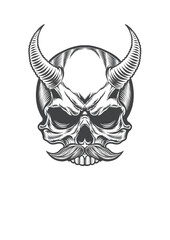 Horrible demon skull with retro mustache 18 - BW