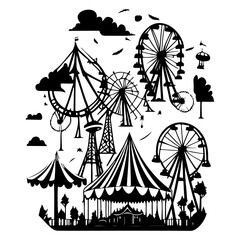 Silhouette depiction of a whimsical fairground scene with vintage amusement rides