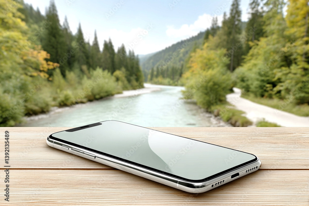 Poster smartphone on wooden surface with river and forest in background showcasing mobile device on table w