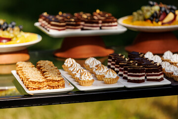 A table is filled with an assortment of sweet treats, including cakes, tarts, and cookies