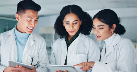 Tablet, conversation and scientists in laboratory for medical research with pharmaceutical...