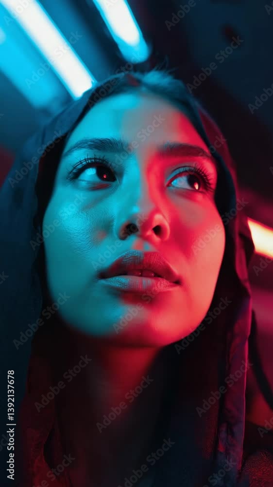 Poster moody close-up of a woman's face partially lit by neon blue and red lights, with shadows adding dept