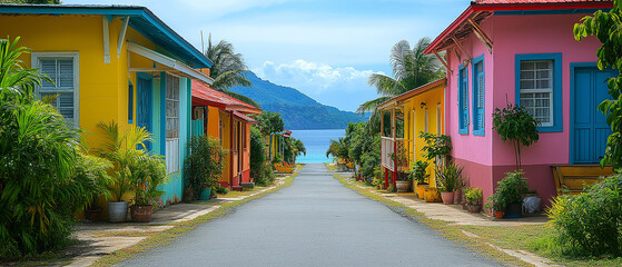 Fototapeta premium Colorful Coastal Cottages: A vibrant street lined with charming, colorful cottages in a tropical paradise leads the eye towards the serene ocean and mountain.