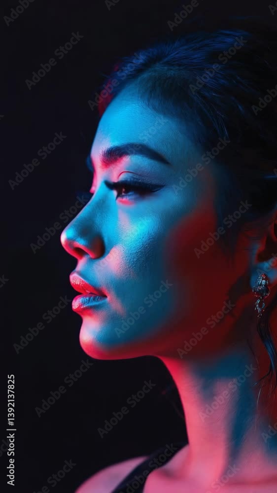 Poster moody close-up of a woman's face partially lit by neon blue and red lights, with shadows adding dept