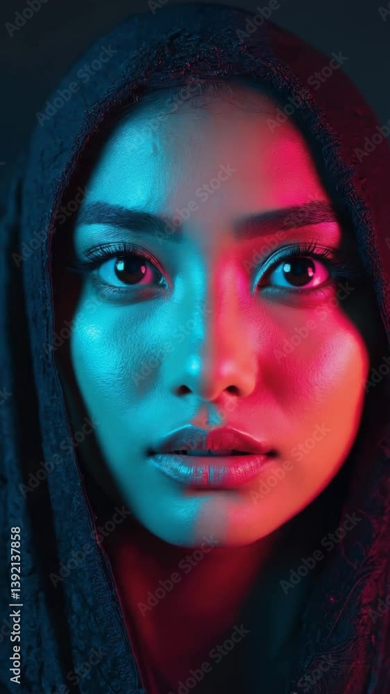 Poster moody close-up of a woman's face partially lit by neon blue and red lights, with shadows adding dept