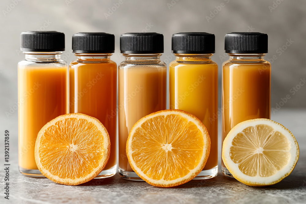 Poster juice bottles with orange and lemon slices display various juice colors and flavors showcasing a ref