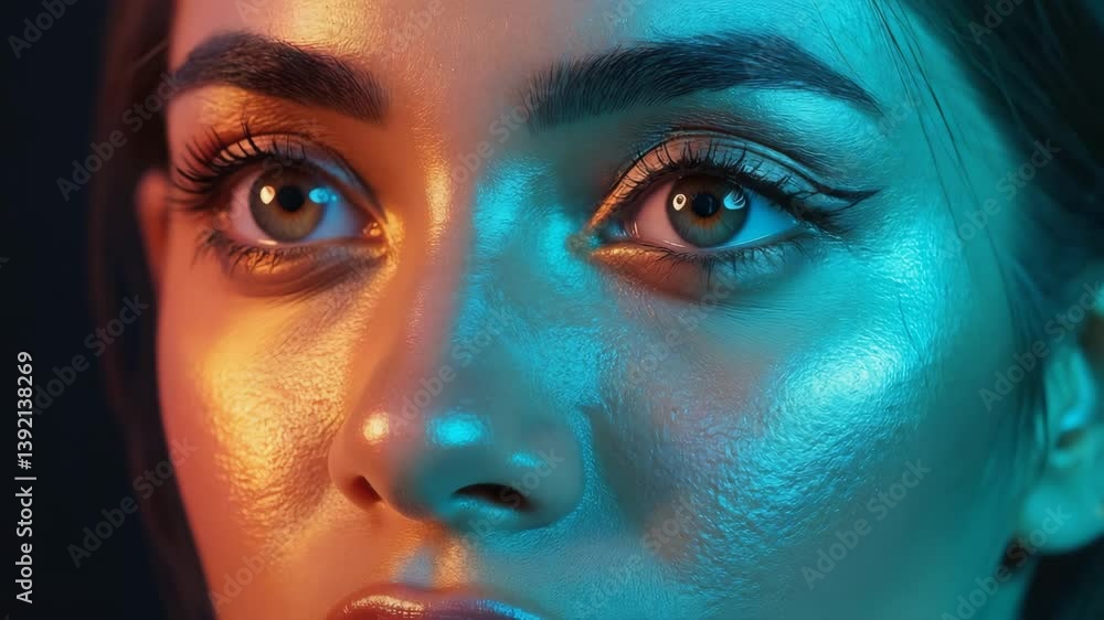 Poster moody close-up of a woman's face partially lit by neon blue and red lights, with shadows adding dept