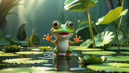 Fototapeta premium AI-generated images of a storybook character, 3D animation-style, cute, playful baby Frog