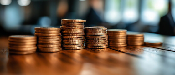 Stacked Coin Illustration of Wealth and Success: A compelling visual narrative featuring meticulously arranged stacks of coins, artfully reflecting the concepts of prosperity, financial growth.