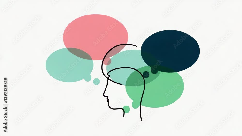 Aufkleber Cinematic sequence featuring a static bust surrounded by slowly drifting speech bubbles, 