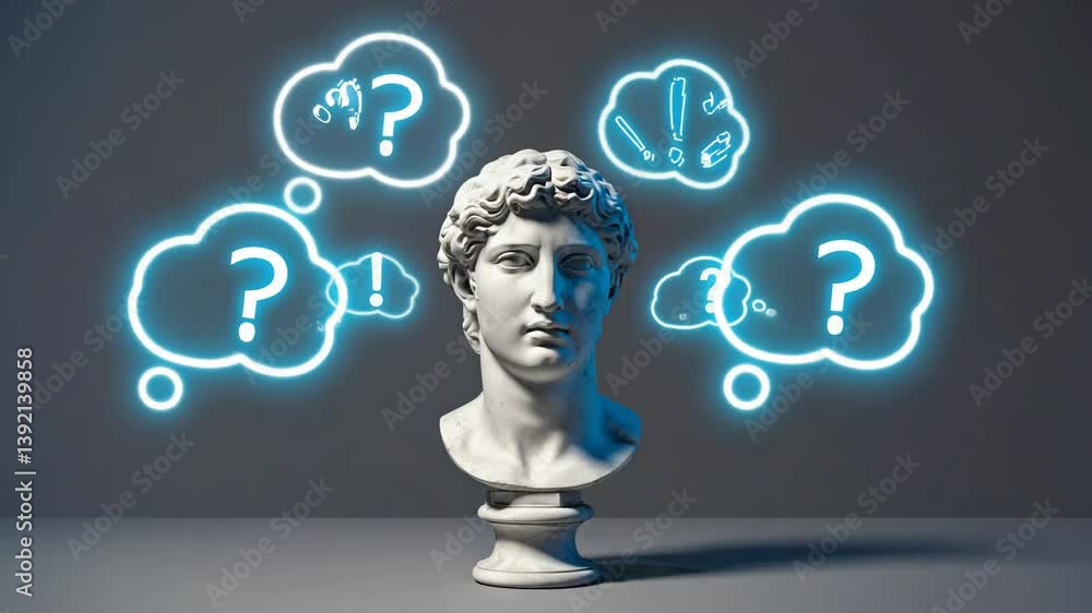 Poster cinematic sequence featuring a static bust surrounded by slowly drifting speech bubbles,