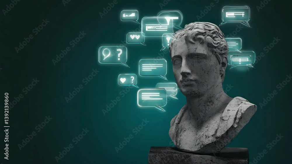 Poster cinematic sequence featuring a static bust surrounded by slowly drifting speech bubbles,
