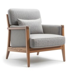 A modern armchair with sleek wooden legs, plush cushions, and a minimalist design, isolated on a white background