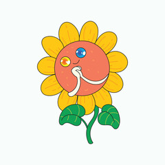 Cute and kawaii sunflower character looking up in awe, like praying, full of charm and nature's warmth