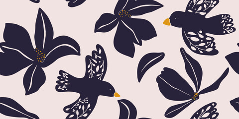 Obraz premium Floral Birds Pattern. Collage contemporary print. Fashionable template for design.