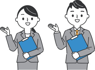 ファイルを持ち案内するビジネスパーソン　上半身　ベクター