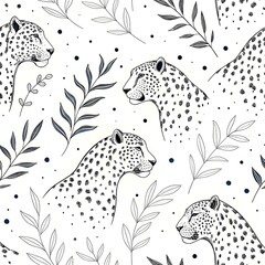 Elegant Cheetah Heads Seamless Pattern Botanical White Background art big cat line wild black decor 