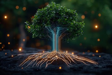 Innovative conceptual tree with digital circuits rooting ideas in nature envisioning a futuristic ecosystem in a lush environment captured from a ground-level perspective
