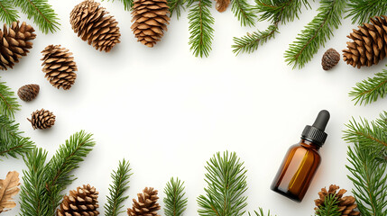Pine cones, fir branches frame, essential oil bottle. Holiday background, product display