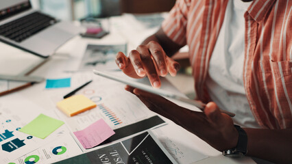 Business person, hands and designer with tablet for schedule planning, agenda or web design at...
