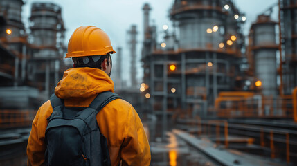 Industry Professional Observing: A lone worker in protective gear observes the sprawling industrial landscape, capturing the scale of the operations, showcasing industry and dedication.