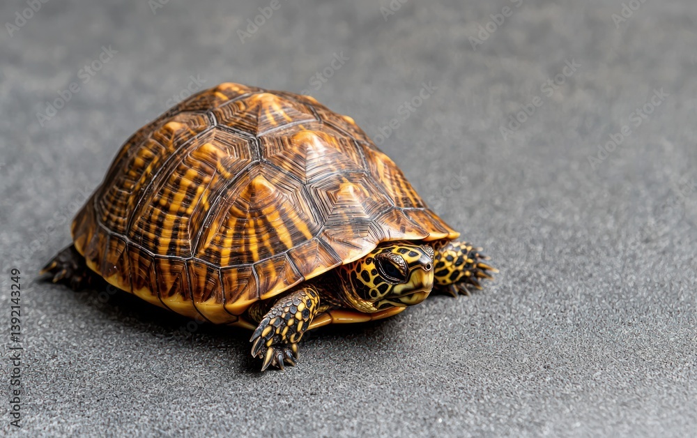 Poster small turtle with patterned shell on gray surface