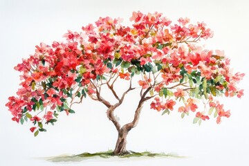Obraz premium A watercolor painting showcasing a blossoming tree with vibrant red flowers