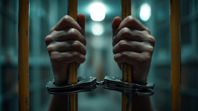 Close-up of handcuffed hands gripping prison bars, conveying themes of confinement, imprisonment, and despair