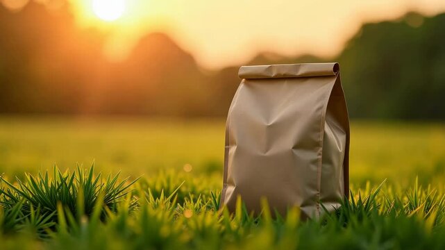 Brown paper packaging pouch standing on grass in a field at sunset, realistic photography style, with sunlight and greenery in background
